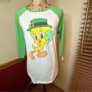 NWT Sz S Looney Tunes Tweety Bird St Patrick's Day Junior's 3/4 Sleeve Raglan